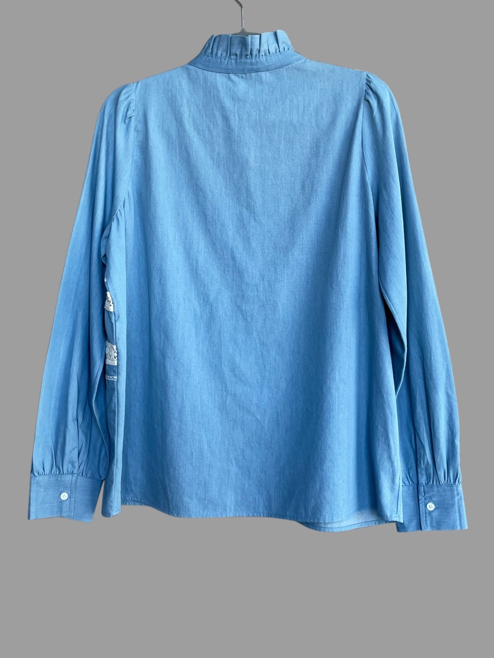 SEZANE Blue Ecru Lace Embroidered High Collar Button Down Chambray Ulysse Shirt - Picture 12 of 16